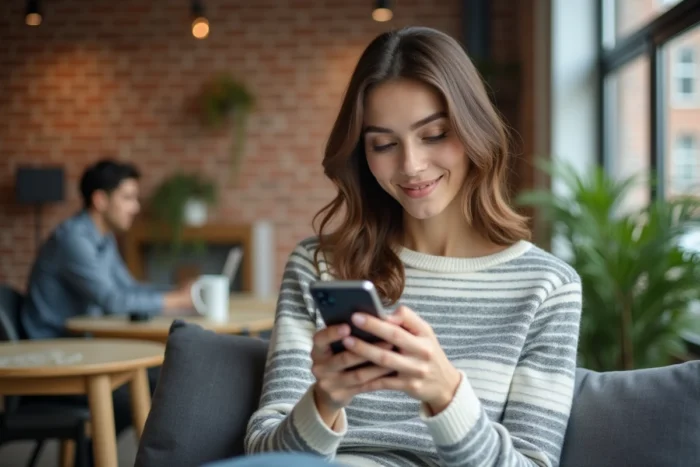 Jeune femme accédant à ses bulletins de salaire My Arkevia sur smartphone dans un espace de co-working moderne