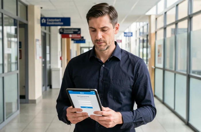Employé municipal accédant à IntraParis nomade sur tablette dans un couloir administratif