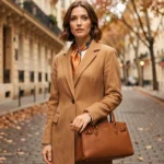 Femme élégante portant un manteau camel, un foulard en soie et un sac en cuir structuré dans une rue parisienne pavée en automne