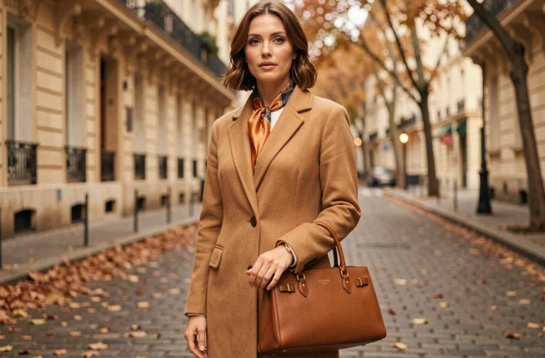 Femme élégante portant un manteau camel, un foulard en soie et un sac en cuir structuré dans une rue parisienne pavée en automne