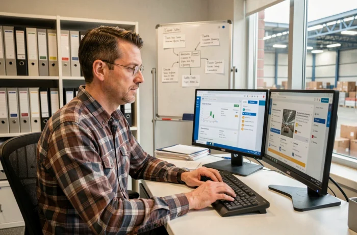 Responsable des achats comparant des profils de fournisseurs industriels sur une marketplace en ligne depuis son bureau