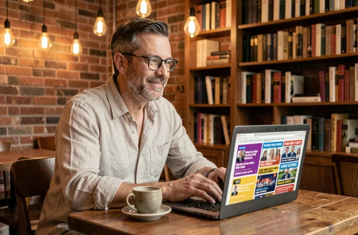 Homme consultant des actualités insolites sur ordinateur dans un café tendance en 2024