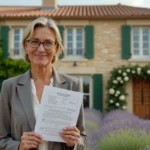 Agent immobilière devant une maison provençale en pierre à Aix-en-Provence tenant une annonce immobilière