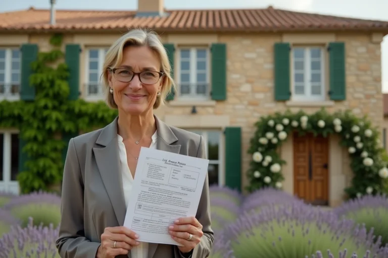 Agent immobilière devant une maison provençale en pierre à Aix-en-Provence tenant une annonce immobilière