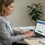 Agente municipale connectée à son espace IntraParis nomade depuis un bureau administratif moderne