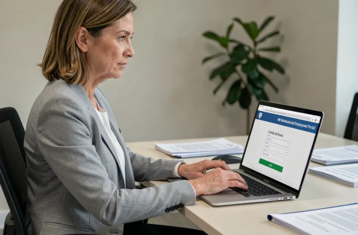 Agente municipale connectée à son espace IntraParis nomade depuis un bureau administratif moderne