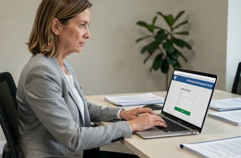 Agente municipale connectée à son espace IntraParis nomade depuis un bureau administratif moderne