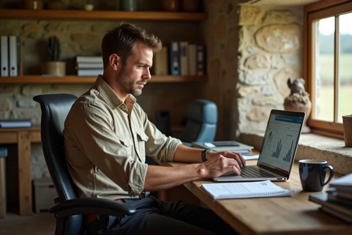 Agriculteur analysant des données d'élevage sur un logiciel de gestion numérique dans un bureau de ferme rustique