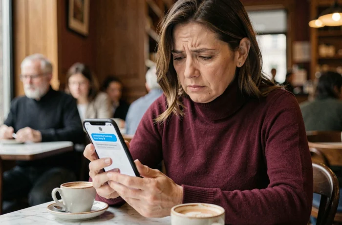 Femme découvrant une alerte de partage non autorisé de contenu sur son smartphone dans un café