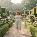 Femme se promenant dans une allée de jardin botanique bordée de rosiers et de topiaires taillés