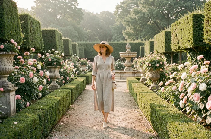 Femme se promenant dans une allée de jardin botanique bordée de rosiers et de topiaires taillés