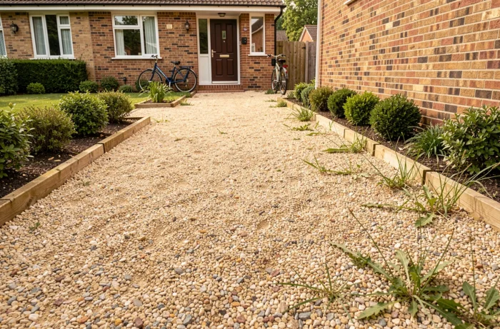 Allée de maison individuelle aménagée avec du gravier beige pas cher encadré de traverses en bois et d'arbustes décoratifs