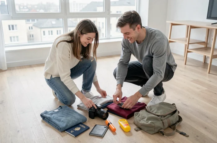 Deux amis préparant leurs bagages ensemble dans un appartement scandinave avant un voyage