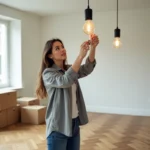 Femme retirant une ampoule Edison d'un luminaire lors d'un déménagement en appartement vide