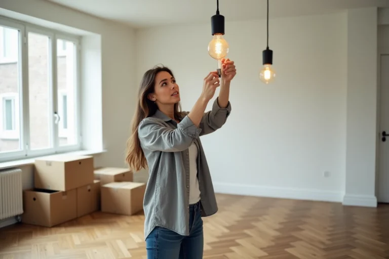 Femme retirant une ampoule Edison d'un luminaire lors d'un déménagement en appartement vide