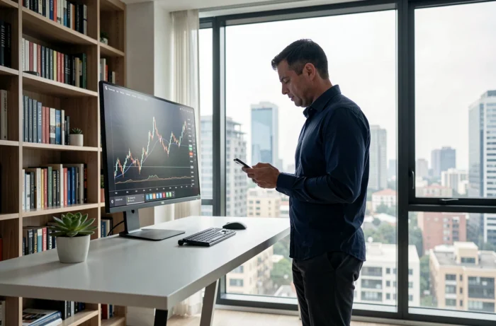 Homme analysant des graphiques d'investissement financier sur un écran d'ordinateur dans un bureau à domicile moderne