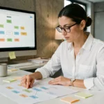 Une professionnelle analyse un sitemap imprimé sur son bureau dans un espace de travail moderne pour optimiser la navigation d'un site emploi