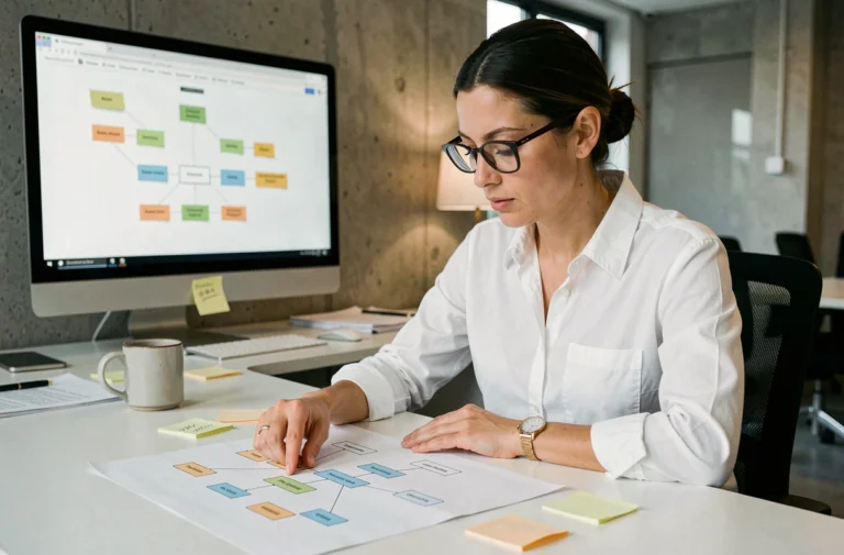 Une professionnelle analyse un sitemap imprimé sur son bureau dans un espace de travail moderne pour optimiser la navigation d'un site emploi