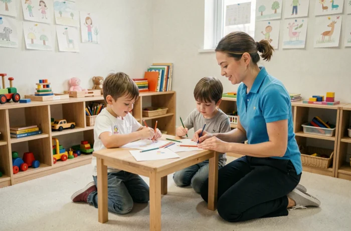 Animatrice de crèche encadrant des enfants lors d'une activité créative dans une salle de garde colorée