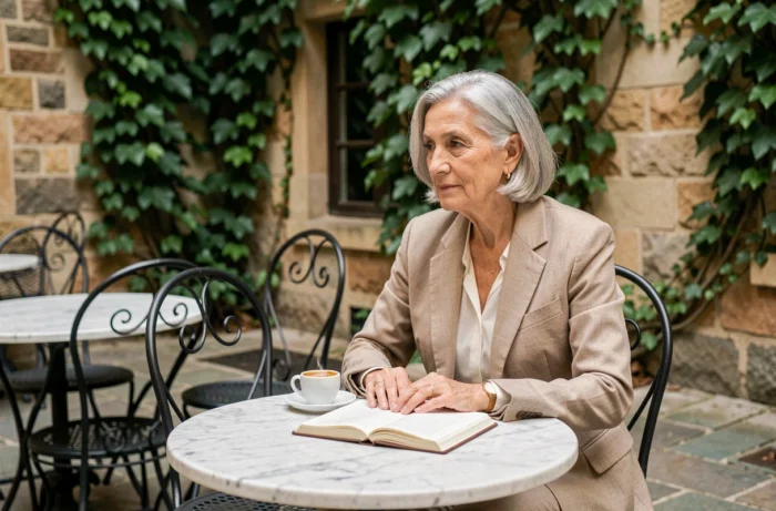 Femme âgée élégante attablée dans une cour intérieure parisienne avec carnet et café, portrait intimiste illustrant la vie discrète d'Annaliese Witschak