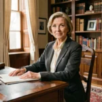 Femme élégante d'origine européenne assise dans une bibliothèque privée raffinée, évoquant le portrait d'Annaliese Witschak ex-épouse de George Soros