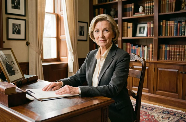 Femme élégante d'origine européenne assise dans une bibliothèque privée raffinée, évoquant le portrait d'Annaliese Witschak ex-épouse de George Soros