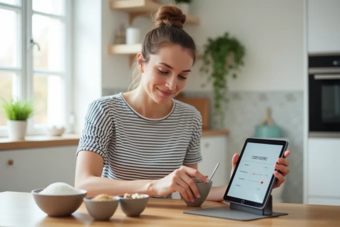 Jeune femme utilisant une application convertisseur de poids sur tablette entourée d'ingrédients mesurés pour une recette de pâtisserie