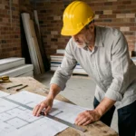 Architecte en train d'examiner des plans de construction sur un chantier de rénovation immobilière