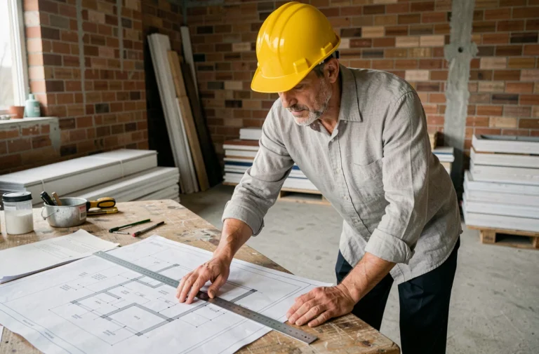 Architecte en train d'examiner des plans de construction sur un chantier de rénovation immobilière