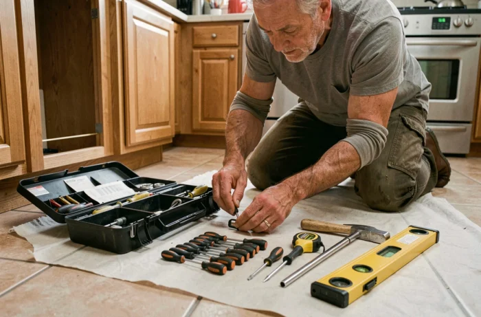 Artisan bricoleur à genoux organisant ses outils essentiels sur un chantier de rénovation de cuisine