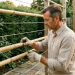 Homme assemblant un brise vue en bambou sur une structure en bois dans un jardin verdoyant