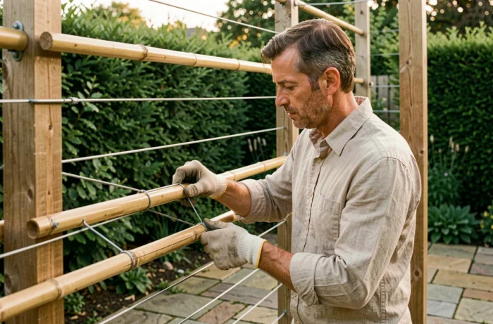 Homme assemblant un brise vue en bambou sur une structure en bois dans un jardin verdoyant