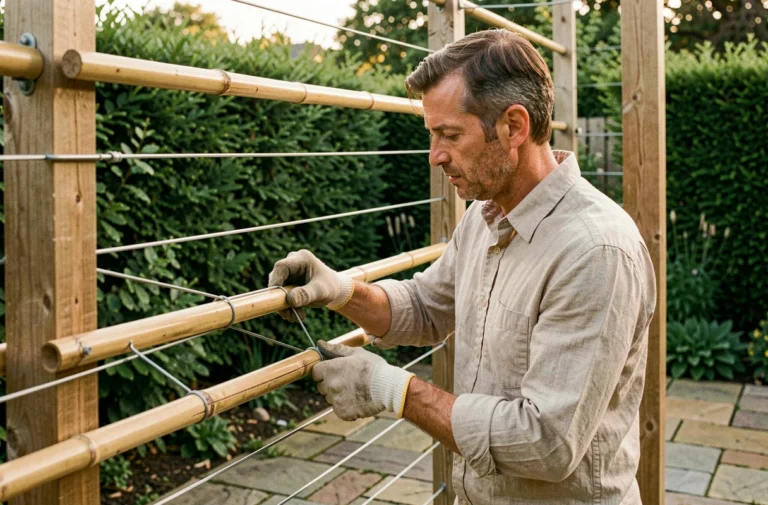 Homme assemblant un brise vue en bambou sur une structure en bois dans un jardin verdoyant