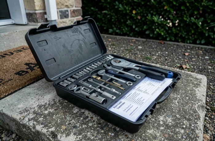 Boîte à outils de serrurier ouverte avec devis visible sur le seuil d'une maison française