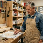 Homme bricoleur consultant un plan de navigation dans un atelier maison bien organisé