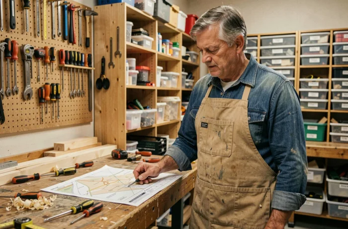 Homme bricoleur consultant un plan de navigation dans un atelier maison bien organisé