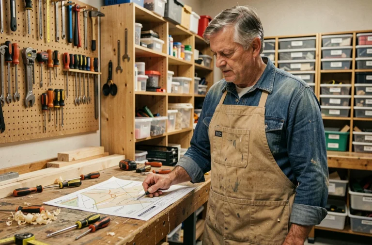 Homme bricoleur consultant un plan de navigation dans un atelier maison bien organisé