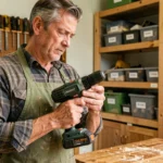 Homme bricoleur en tablier examinant une perceuse sans fil dans un atelier domestique bien équipé