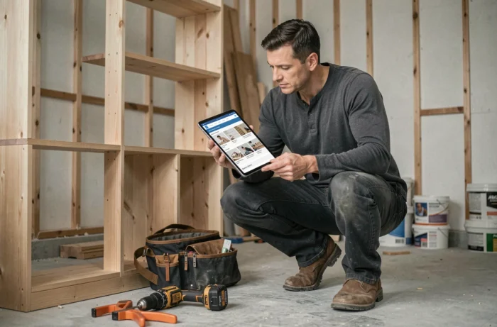 Homme bricoleur utilisant une tablette pour naviguer dans un site de conseils bricolage pendant des travaux de montage