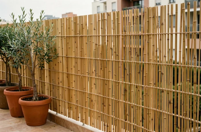 Brise vue en bambou terminé sur une terrasse urbaine avec plantes en pot et ambiance jardin