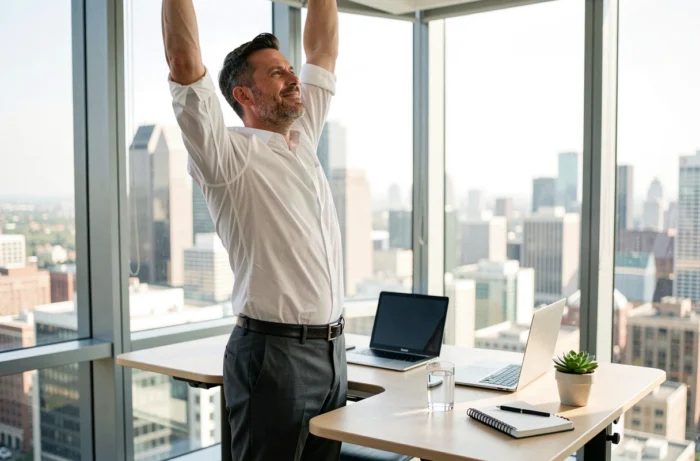 Professionnel s'étirant à son bureau ergonomique réglable en hauteur pour améliorer son bien-être physique au travail
