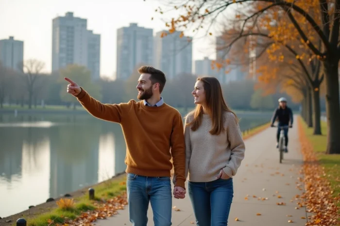 Couple se promenant au bord du lac de Créteil en automne, cadre de vie et espaces verts urbains