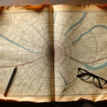 Carte vintage des arrondissements de Paris étalée sur une table en bois avec codes postaux et limites de quartiers visibles