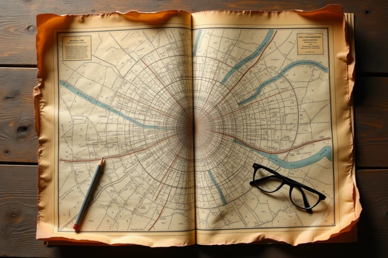 Carte vintage des arrondissements de Paris étalée sur une table en bois avec codes postaux et limites de quartiers visibles