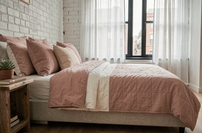 Chambre cocooning avec literie en lin froissé tons doux, coussins texturés et décoration naturelle dans un appartement urbain