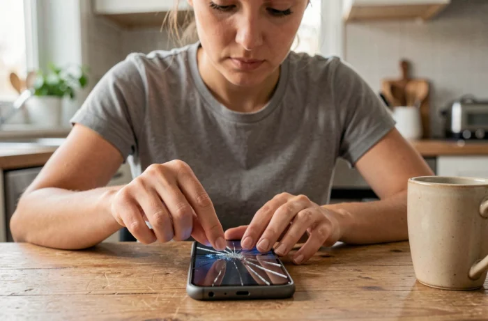 Femme remplaçant la vitre protectrice d'un smartphone à la maison