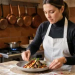 Cheffe cuisinière professionnelle en tablier blanc dressant une assiette gastronomique de légumes rôtis et grenade dans une cuisine artisanale rustique
