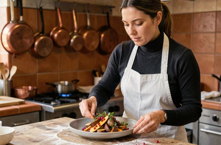 Cheffe cuisinière professionnelle en tablier blanc dressant une assiette gastronomique de légumes rôtis et grenade dans une cuisine artisanale rustique