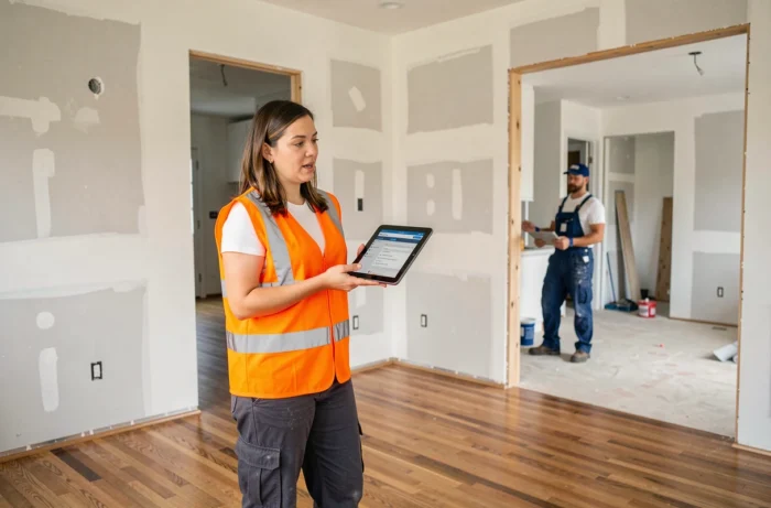 Cheffe de chantier supervisant des travaux de rénovation dans un appartement en cours de transformation