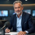 Chroniqueur médiatique français en costume sombre assis à un bureau de plateau télévisé, expression assurée et professionnelle